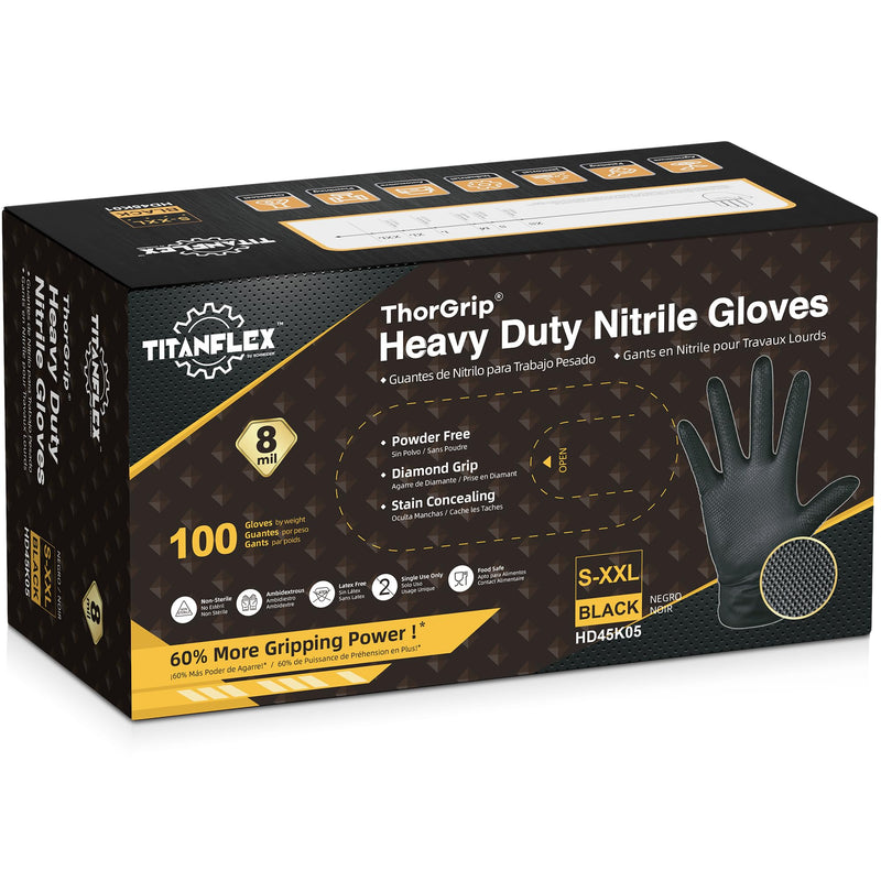 TitanFlex Thor Grip Heavy Duty Black Industrial Nitrile Gloves with Raised Diamond Texture, 8-mil, Latex Free 100 Large (Pack of 100)