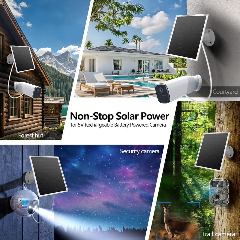 6W Solar Panel Charger for Outdoor Security Cameras. Micro USB/USB - C/DC (35 * 135) Fits Eufy/Wyze/Ring Camera, 9.8ft Cable,Waterproof Stabilization System for Battery Protection Fast Charging white-1Pack