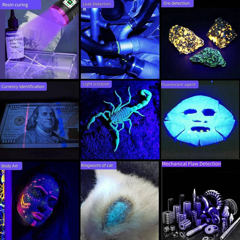 45W UV Flashlight Usb Rechargeable Blacklight Flashlights Powerful, 9-Core Led 385-395 nm UV Light for Pet Urine Detection,Resin Curing,Scorpion,Rocks,AC Leak,Bed Bugs,Blood Tracking,Uranium Glass Black