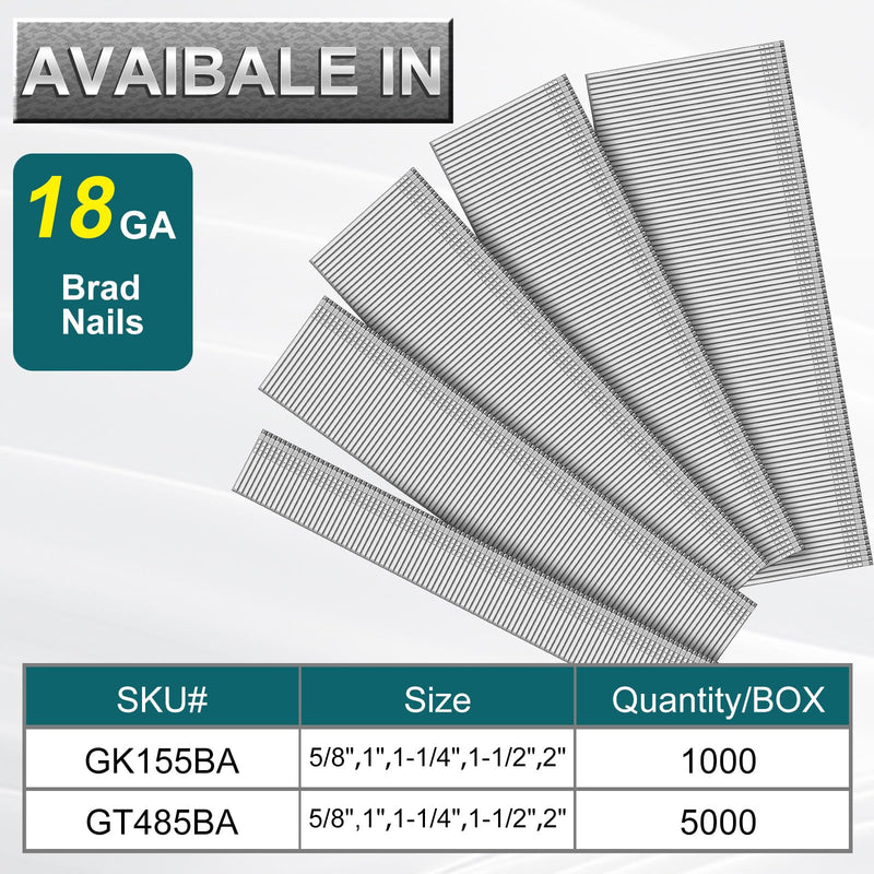 Toicann18 Gauge Galvanized Brad Nails(2",1-1/2",1-1/4",1",5/8") 18 GA Universal Nail Gun Nails for Pneumatic, Electric Brad Nailer (1000) 1000