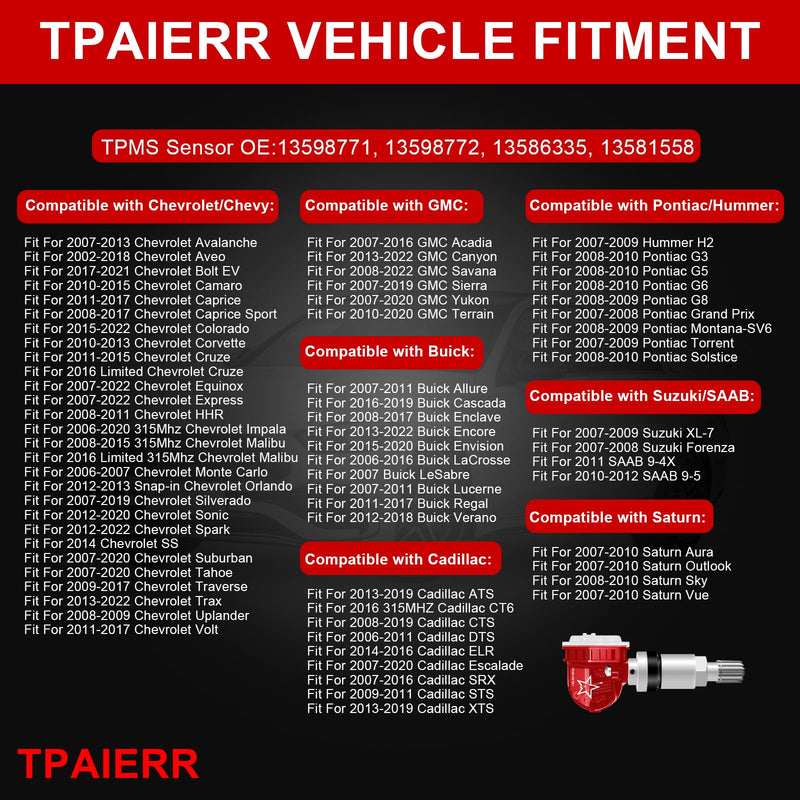 4Pcs TPMS Sensor, 315Mhz OE 13598771 13598772 13586335 13581558 Tire Pressure Monitoring System Compatible with Chevrolet/Chevy/Silverado/GMC/Buick/Cadillac/Pontiac/Hummber Set of 4 (Red) Red