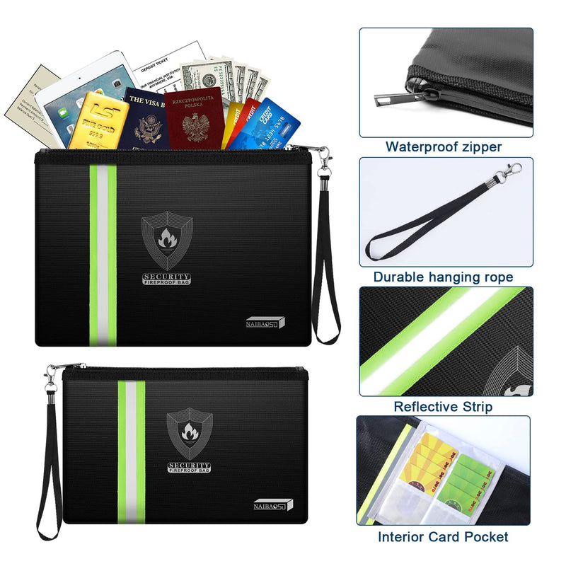 Fireproof Document Bag (13.3”x 9.4”) with Reflective Strip, NAIBAOSD Fireproof Money Bag(10.8”x 6.8”) with Metal Zipper & Strap Fireproof Bag for Documents, Cash,Passport, Valuables BLACK