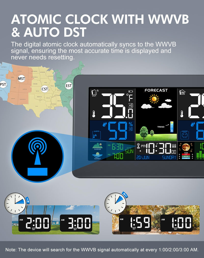 Weather Station Wireless Indoor Outdoor Thermometer, Digital Thermometer with Remote Sensor, Large Display Home Weather Stations with Weather Forecast, Atomic Clock, Barometric Pressure, Moon Phase Black XL