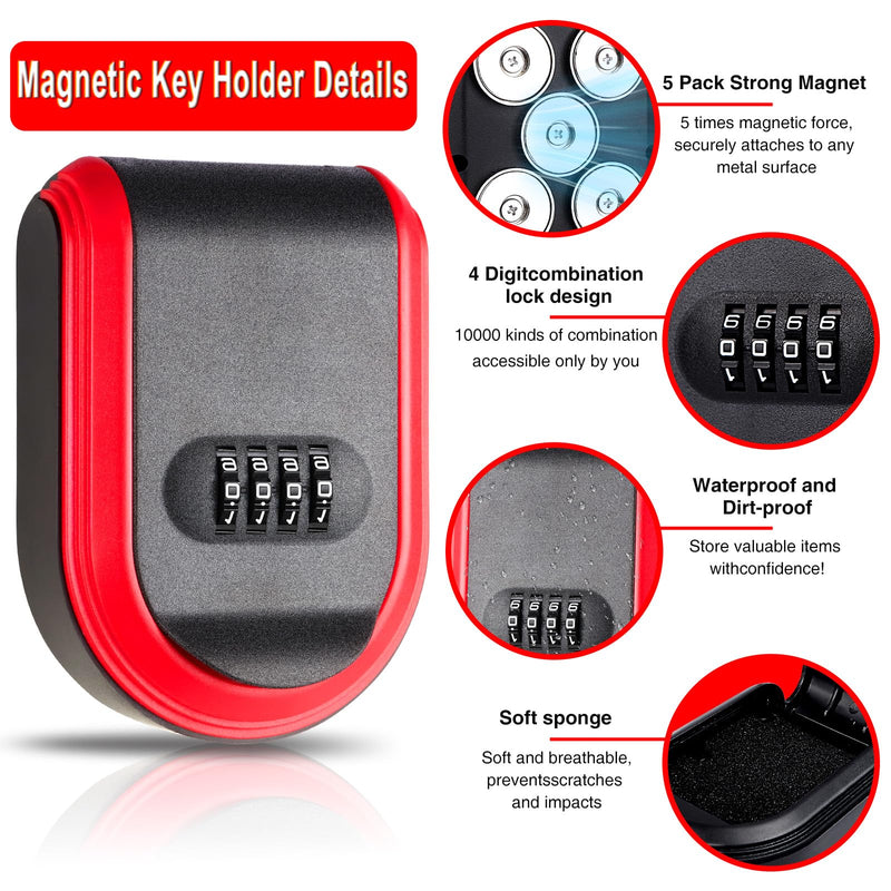 Magnetic Key Box for Under Car, Lockbox for Keys with Combination Lock, Signal Shield Bag and 5 Strong Magnets, Hide a Key Outside for Vehicle, Home or Office Use (1, RED) 1