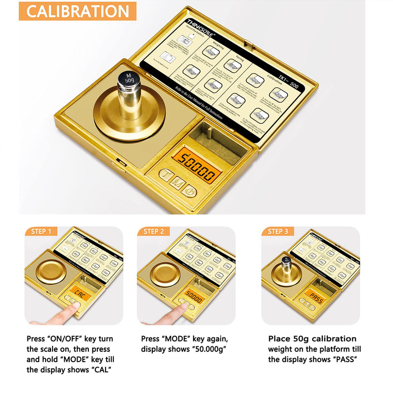 THINKSCALE 50g/0.001g Digital Milligram Scale, Gold Mg Scale with 50g Calibration Weight, Powder Scale for Reloading, Micro Gram Scale, Miligram Scale for Powder Medicine