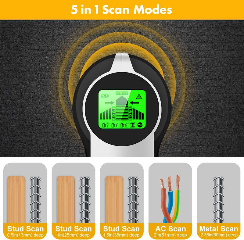 Stud Finder Wall Scanner 5 in 1 Upgraded Electronic Wall Scanner with Battery for Wood Metal and AC Wire Detection,HD LCD Display and Audio Alarm, Green