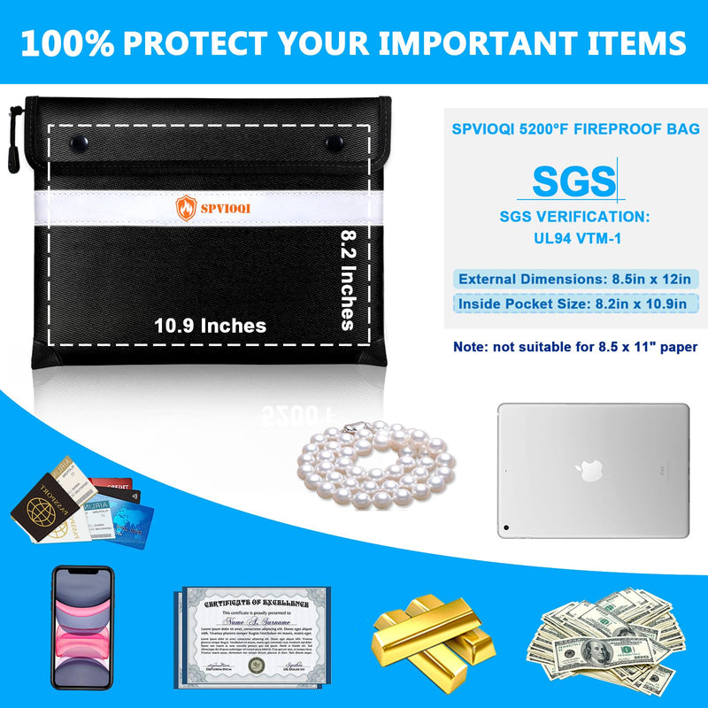 Upgraded 5200°F Fireproof Document Bag - Heat Insulated, Fireproof Bag with Zipper, Reflective Strip for Fast Find, Water Resistant, Fireproof Money Bag for Cash, A5 Important Documents and Valuables Black 12x8.5"(Inside Size:10.9"x8.2")
