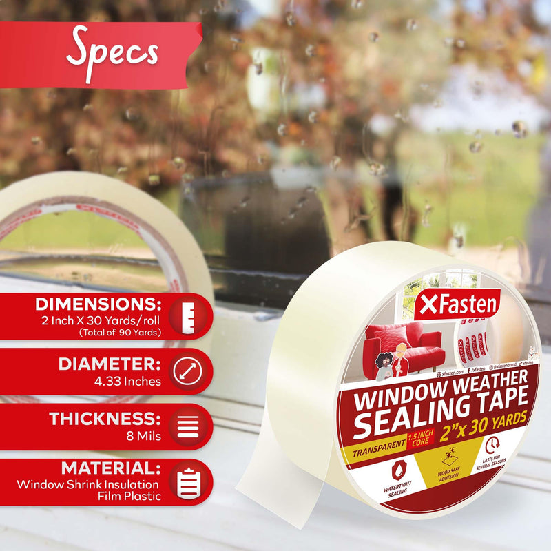 XFasten Window Tape for Winter 2-Inch x 30-Yards 1.5” Core, Residue-Free Window Weather Sealing Tape for Winter, Window Draft Stopper Window Insulation Tape for Window Weather Stripping
