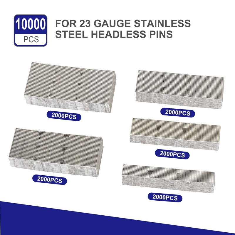 HAMWOO 10000Pcs 23 Gauge Stainless Steel Pin Nails, Headless Pinner Nails (3/8",5/8",4/5",1",1-3/16") assorted 5 sizes for Molding Cabinetry Building photo frame,handicrafts