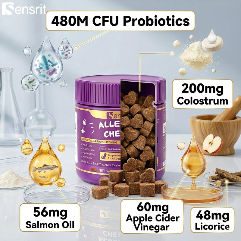 Allergy Relief Immune Supplement for Dogs - with 480M CFU Probiotics, Colostrum & Salmon Oil - Soft Chews for Seasonal Itch, Hot Spots & Paw Licking - 90 Chicken Flavored Treats
