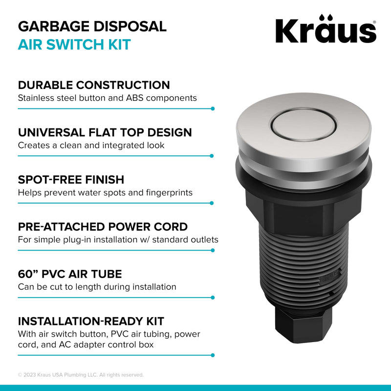 KRAUS Garbage Disposal Air Switch Kit in Spot-Free Stainless Steel with Push Button, AC Adapter, Power Cord, and Air Tube Included, KWDA-200SFS