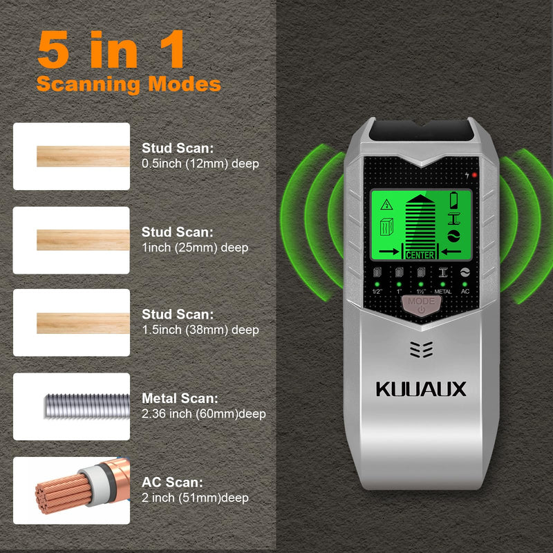 Stud Finder Wall Scanner, 5 in 1 Stud Detector with Smart Microprocessor Chip and HD LCD Display, Beam Finders for Center and Edge of Wood, AC Wire, Joist, Metal and Pipe, Tool Gift, Silver