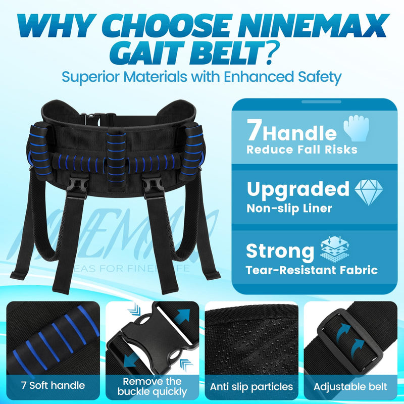 NINEMAX Gait Belt for Seniors, Gait Belt with Handles for Elderly, Medical Nursing Lift Gate Belts for Physical Therapy and Patients Walking Safety with Leg Strap and Quick Release Buckle (Blue)