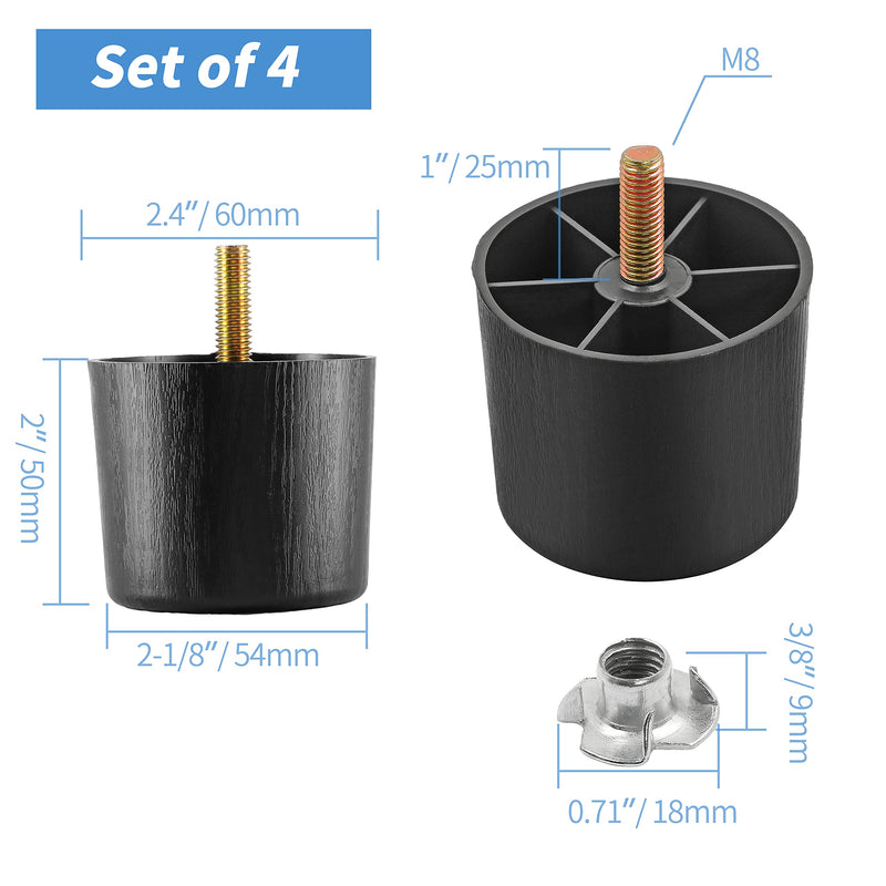 2 inch Plastic Furniture Legs, Round Tapered Table Legs Black Sofa Legs Replacement Legs with M8 Hanger Bolts for Couch Table Sofa, Pack of 4 M8 x 2 Inch