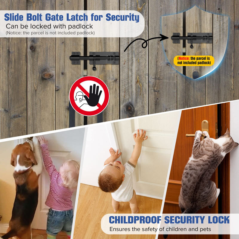 Barrel Bolt Latch, Slide Bolt Gate Latch, 6.3 Inch Heavy Duty Solid 304 Stainless Steel Black Finish Door Lock for Fence/Wooden/Barn Door/Yard Door/Shed Door/Interior Door Latch (2 Pack Black) 2 Pack Black