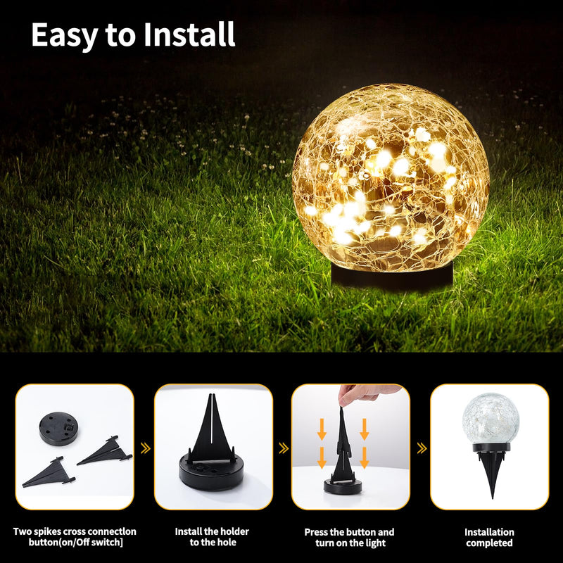 Solar Globe Lights Outdoor Waterproof - Cracked Glass Ball Lights for Garden, Patio, Yard, Lawn and Backyard Decor - Solar Orbs for Outside Decorations 4 Globes Warm White