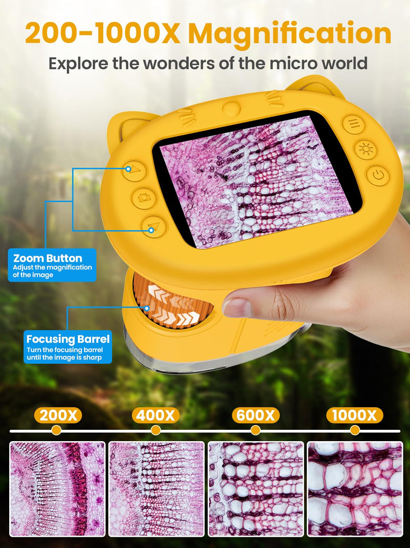 Microscope for Kids, 2.4 Inch Digital Microscope with 1000X Magnification, Handheld Camera Mini Pocket Magnifying Glass, Educational Christmas Birthday Gifts Toys for Ages 3+, Yellow