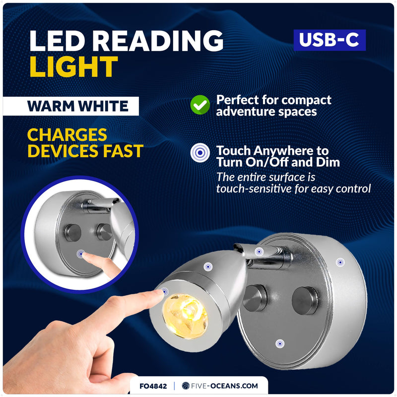 Five Oceans LED Reading Light with Touch Dimmer on Base/Housing/Swivel, USB-C Port, Warm White 200LM, Silver Housing, 10-28V, RV Interior Lights for Boats, RVs, Trailers - Wall Mount - FO4842