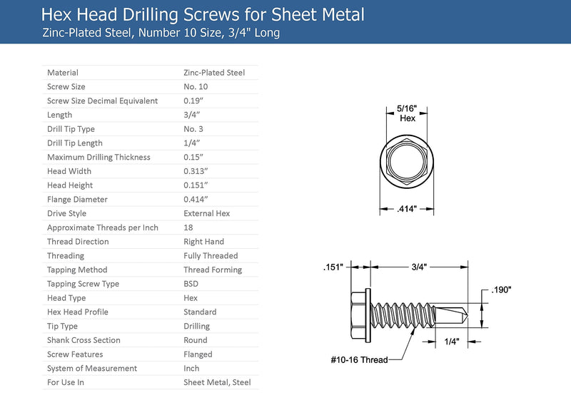 #10 x 3/4'' Hex Washer Head Self-Drilling Tek Screw Zinc Plated Steel for Attaches Sheet Metal Steel or Steel to Metal - Box of 100 3/4" Long