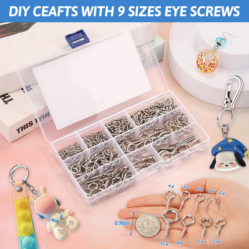 306 PCS Eye Hooks Screws Assortment Kit, (0.6"-1.65") 9 Sizes Nickel Plated for Waterproof and Durability, Metal Eyelet Screws Eye Pins and Eye Bolts Screw in Wood Includes 6PCS Drill Bit Sliver