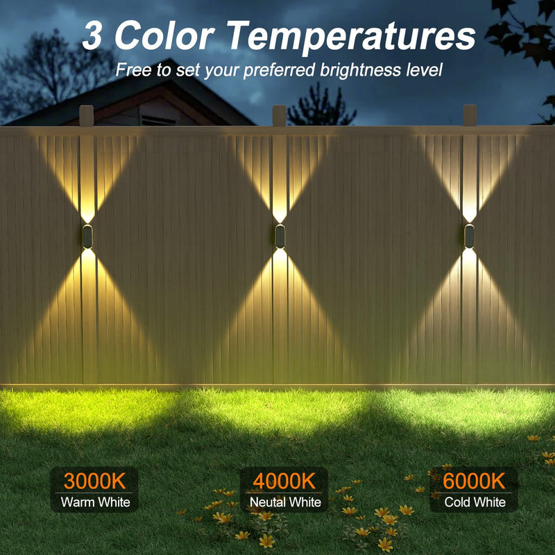 Ellasay Solar Fence Lights Outdoor,6-Pack Solar Powered Wall Lights Up and Down Waterproof IP65,3 Color Brighter LED Focus Lens SolarLights Dusk to Dawn 12h for Patio,Backyard,Porch,Railing 3000/4000/6000K 6 Pack