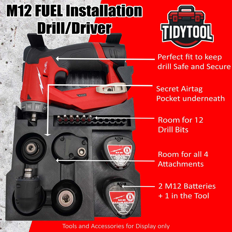 Tidy Tool Insert for Milwaukee M12 Installation Drill 2505-20 – Fits Packout Compact Organizer 48-22-8435 – All 4 Attachments & Battery Storage Liner Only