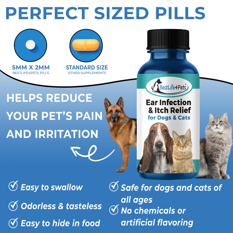 BestLife4Pets Ear Infection Relief for Dogs and Cats - Dog Ear Infection Treatment Supplement; Cat Supplements for Ear Itching, Swelling, Otitis, Pain & Inflammation - Easy to Use Pills - PawsPlanet Australia
