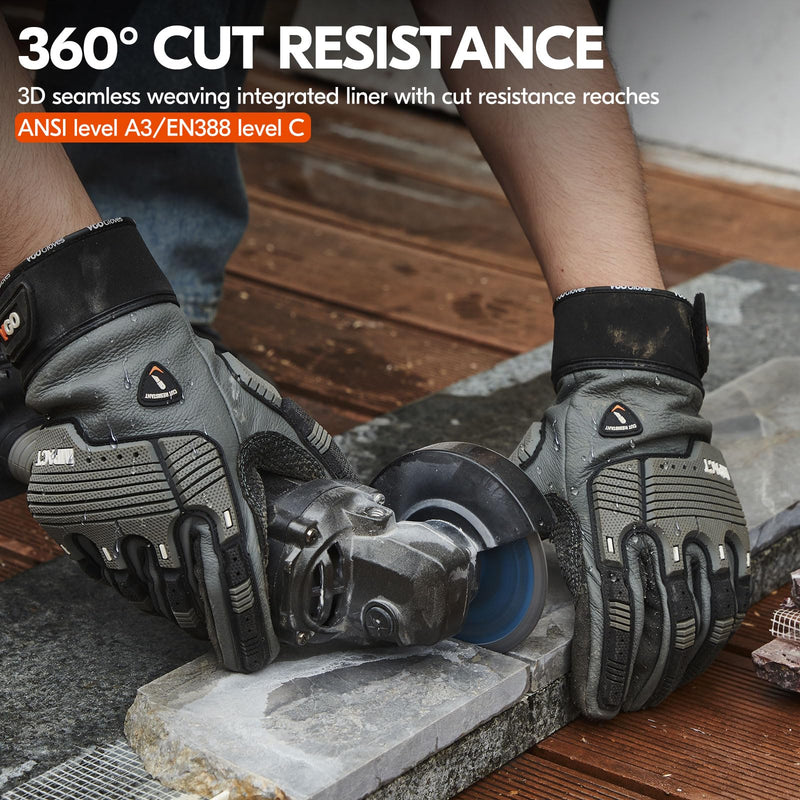Vgo... Cutproof Gloves,Cut Resistant Gloves,HPPE Anti-cut Liner,Hand Protection,ANSI A3,Touchscreen Large(1 Pair) Gray(cow Leather)