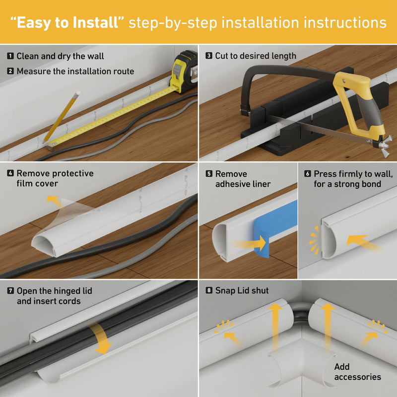 D-Line 157in Cord Hider Kit, Patented Cable Cover, Hide Wires on Wall, Channel for TV Mount Cords, Raceway Wire Hiders, Paintable, Adhesive, Half Round, 10x 0.78in W x 0.39in H x 15.7in L, Black 0.78in (W) x 0.39in (H)
