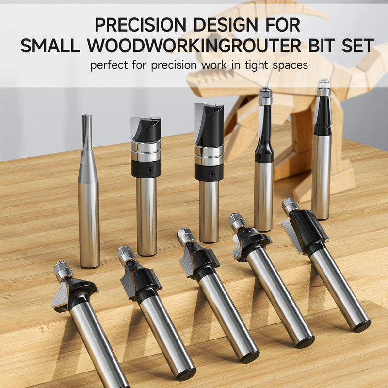 10-Piece Micro Router Bit Set, 1/4" Shank Carbide Mini Cutters for Model Making, Crafts & Detailed Woodworking, Flush Trim, Chamfer, Cove & Straight Profiles with Wooden Case