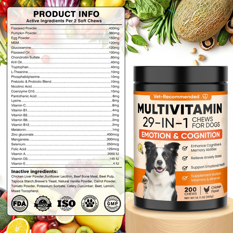 29-in-1 Advanced Cognition Dog Vitamins and Supplement with Melatonin Omega-3 L-Theanine 200 Ct Dog Multivitamins Chewable Supports Cognitive Function, Nervous System, Overall Health - Chicken Flavor