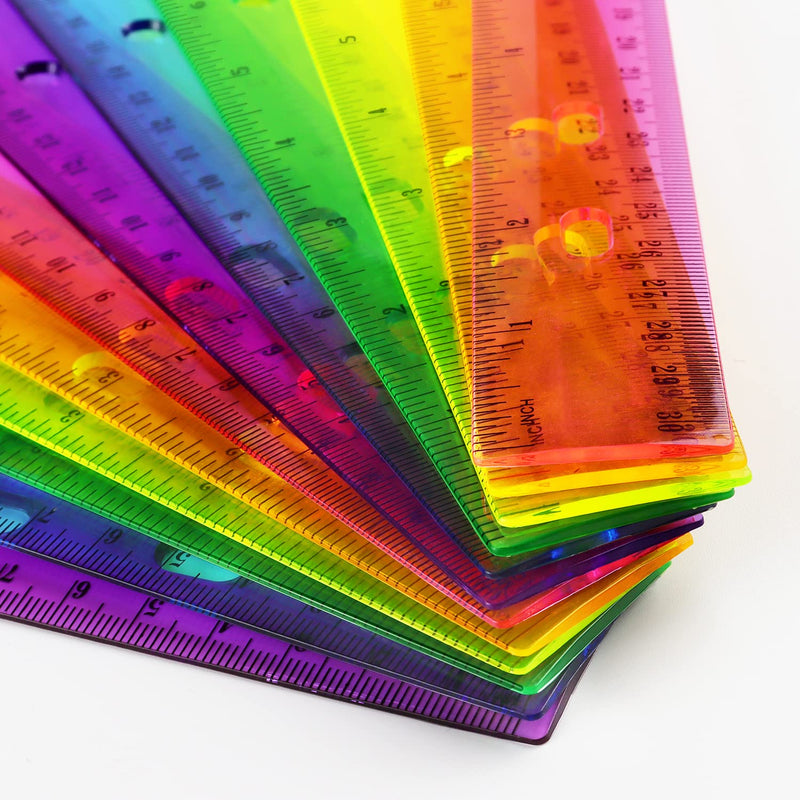 ZZTX 12 Pack Color Transparent Ruler Plastic Rulers 12 Inch, Metric Bulk Rulers with Inches and Centimeters, Kids Ruler for School, Home, Office
