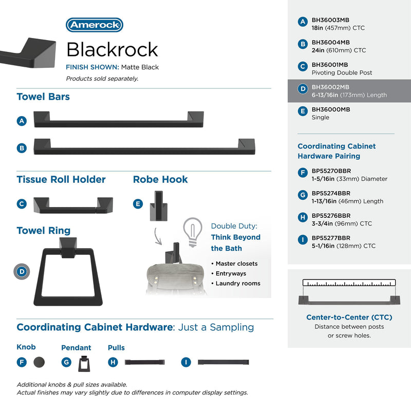 Amerock BH36002MB | Matte Black Towel Bar | 6-13/16 in (173 mm) Length Towel Holder | Blackrock | Hand Towel Holder for Bathroom Wall | Small Kitchen | Bath Accessories