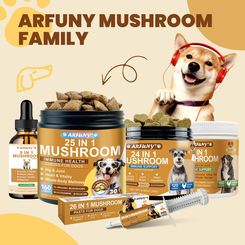Mushroom Chews for Dogs - Turkey Tail Mushroom for Dogs Lumps & Bumps - Gut, Hip, Joint, Skin, Coat, Immune Health - 14 Organic Mushrooms Turkey Tail, Reishi, Lions Mane, Glucosamine, MSM - 160 Chews