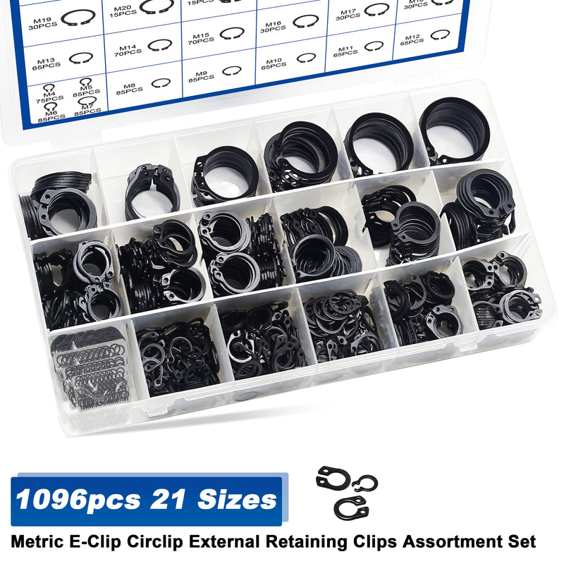 External Retaining Rings Assortment Kit, 1095 PCS Circlip Snap Retaining C-Clips Black Alloy Steel Rings and 1 PC Tweezers, Includes Sizes of M4-M28 1096pcs C-clip