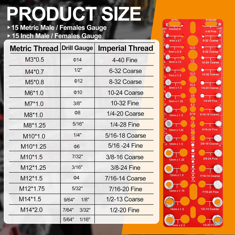 Thread Checker - 30 Nut & Bolt Thread Checker, Bolt Size and Thread Gauge 15 Standard and 15 Metric Sizes & 19 Drill Bit Gauge, Bolt and Nut Identifier Gauge for Easy Verifying Sizing