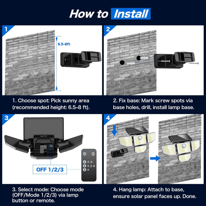 3000LM Solar Outdoor Lights - 2Packs 188 LED Security Lights with Remote Control, 4 Heads Motion Sensor Lights, IP65 Waterproof 270° Wide Angle Flood Wall Lights for Home Darkroom Backyard 2