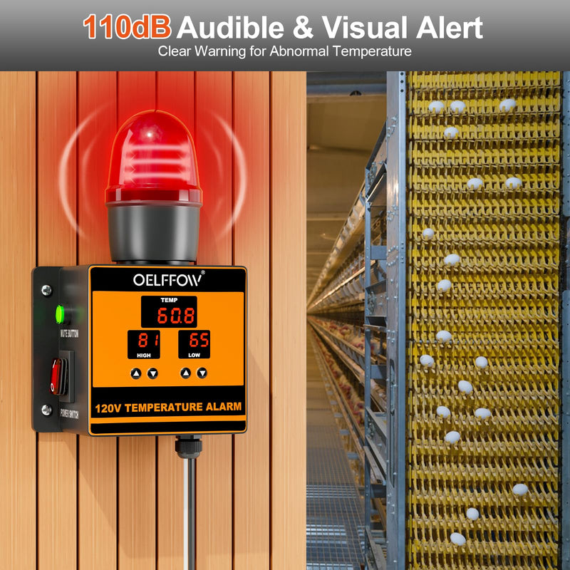 120 V Temperature Alarm, Temperature Monitor with 105 dB Integrated Sound & Light Alarm, Temp Controller for Greenhouses, Farms, Warehouses, One-Key Mute Button