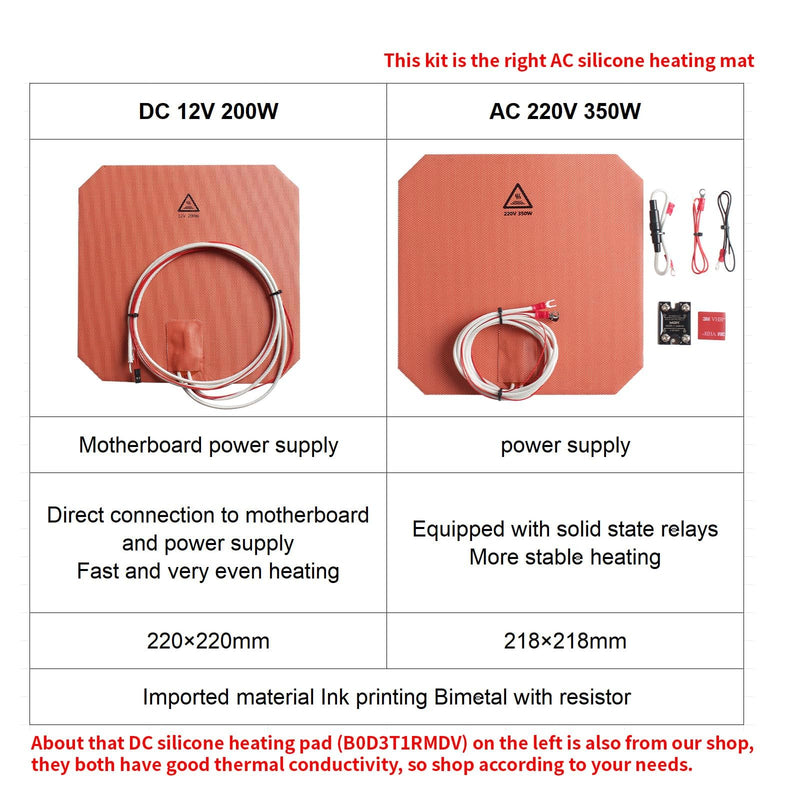 FYSETC Silicone Heating Pad for Anycubic-i3 Mega - 220V 350W Bed Plate 218x218mm: Heater Mat Built-in NTC100K Thermistor Compatible with 3D Printer Mega S/Pro A8 A6 Aluminum Platform