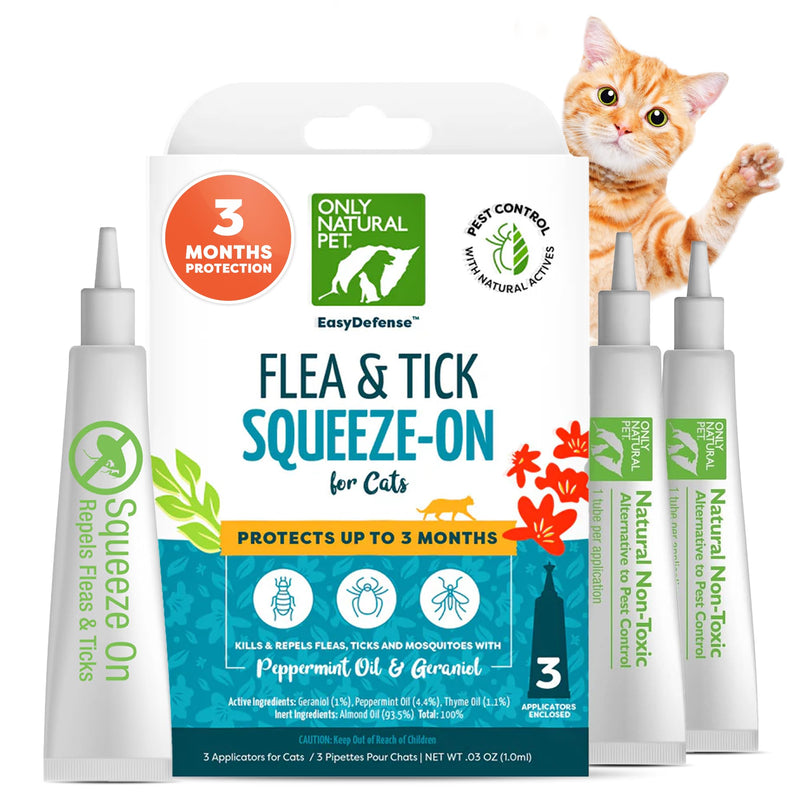 Only Natural Pet Flea and Tick Prevention for Cats - EasyDefense Flea Remedy - Natural Flea Treatment Control Squeeze-On Drops - Tick and Flea Protection - Three Months Supply (Single)