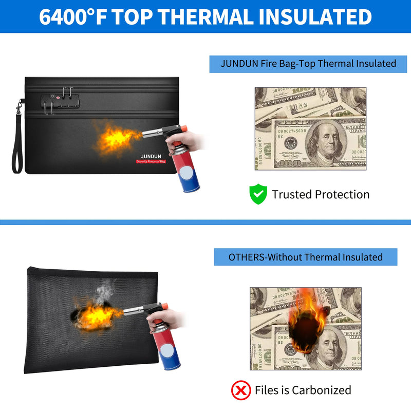 JUNDUN Fireproof Money Bag with Lock(11" x 7.5"), 6400℉ Fireproof Bag for Cash with 12 Layers Heat Insulated, Dual Zipper Fire Safe Pouch for Important Valuables with Passports, Jewellery Black 11" x 7.5"