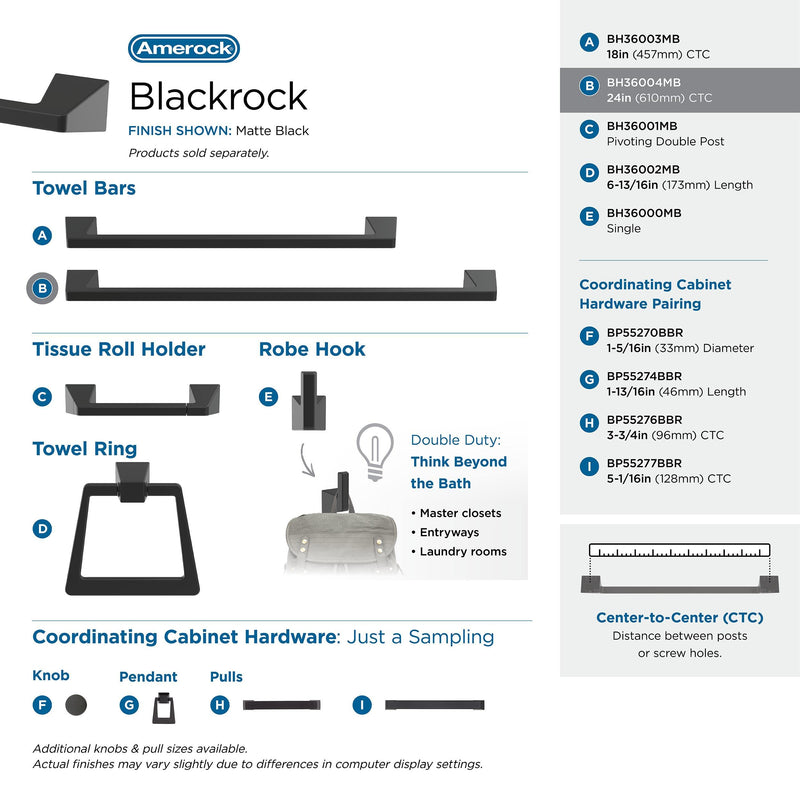 Amerock BH36004MB | Matte Black Towel Bar | 24 inch (610 mm) Center-to-Center Towel Rack | Blackrock | Bathroom Towel Holder | Bathroom Hardware | Bath Accessories