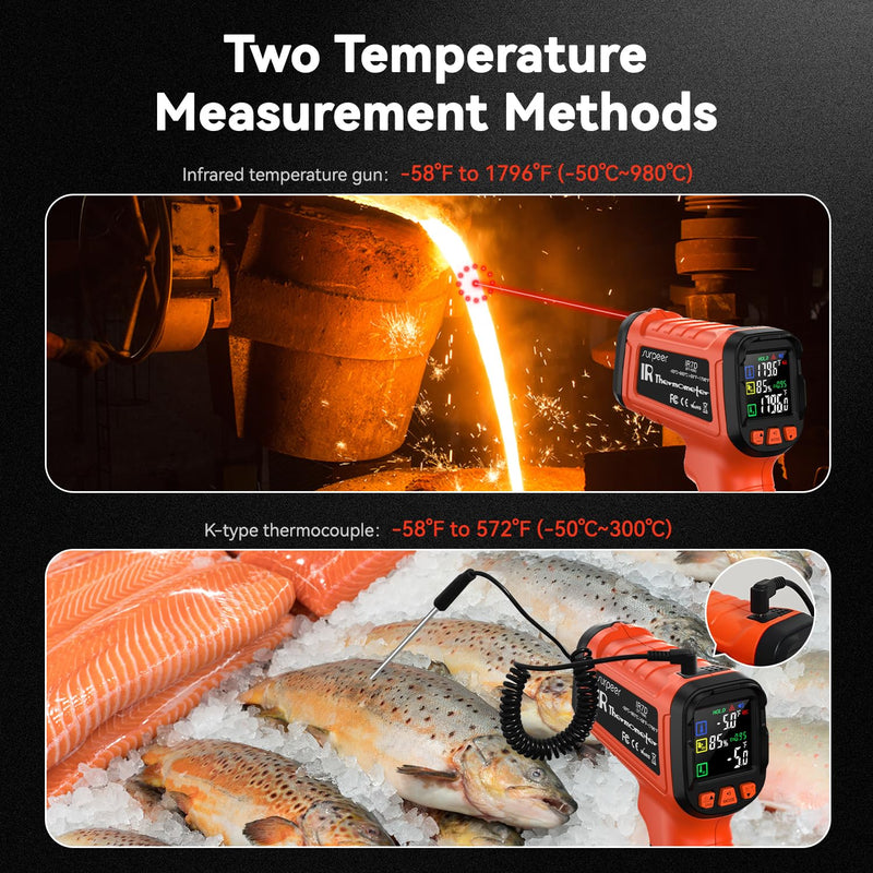 Infrared Thermometer Temperature Gun -58°F to 1796°, 16:1 Non Contact Laser Thermometer Gun with Thermocouple Probe for Humidity, Pizza Oven, Griddle, Ir Temp Gun for Home and Industry Repair orange
