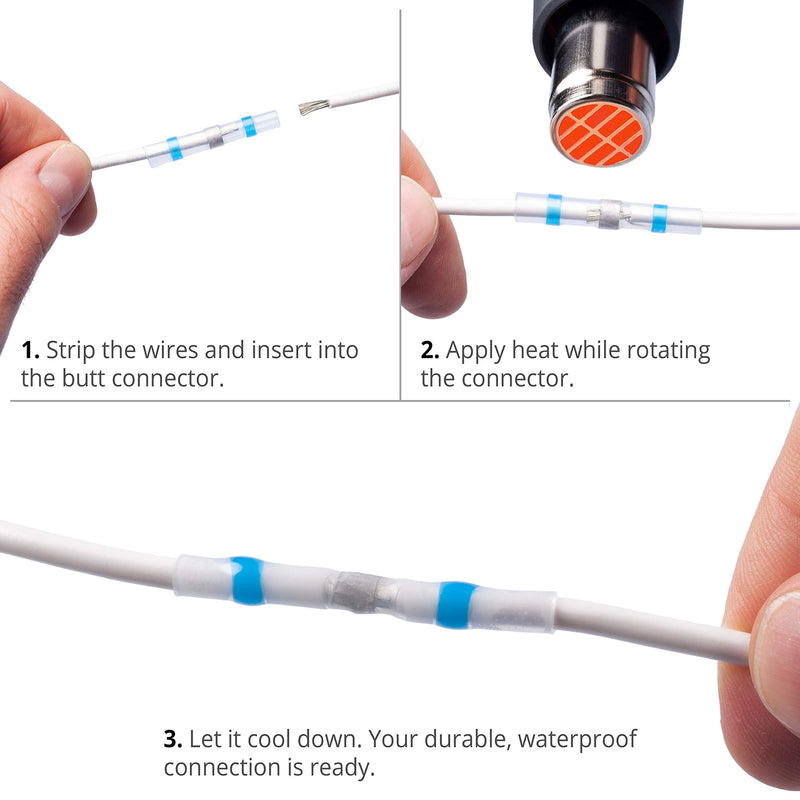 Wirefy 120 PCS Solder Seal Wire Connectors - Heat Shrink Solder Butt Connectors - Waterproof Solder Sleeves - Self Soldering Wire Connectors - Blue 16-14 AWG Blue - 1.5 - 2.5 mm²
