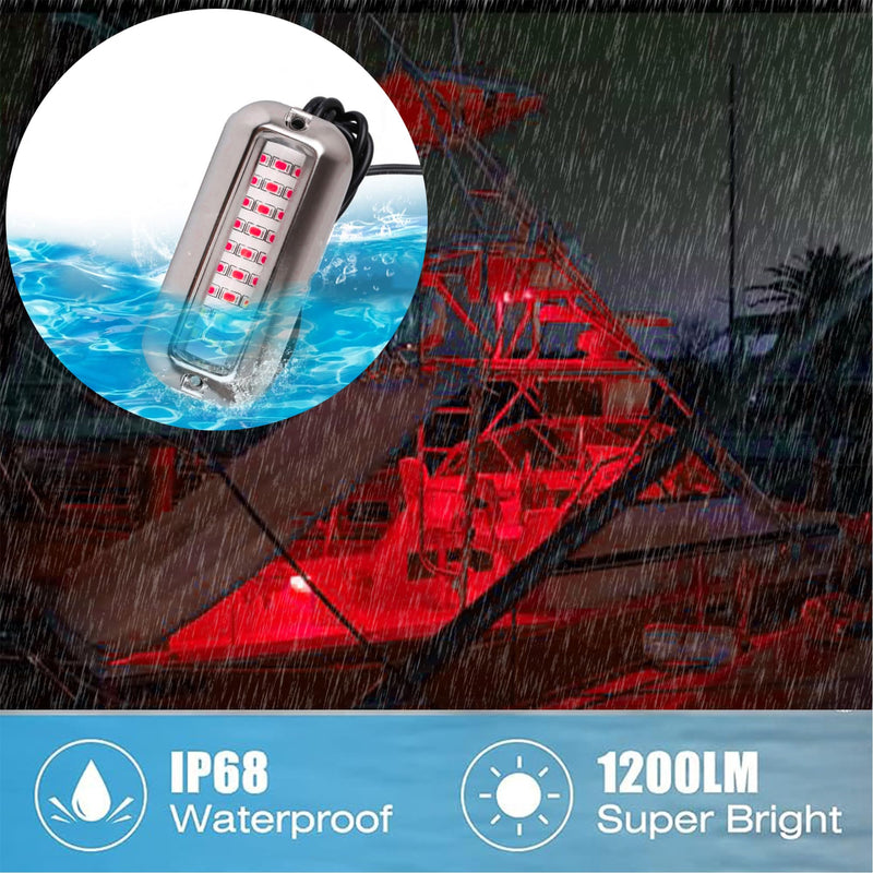 2Pcs Marine LED Boat Light,IP68 Waterproof 27LED Boat Interior Deck Pontoon Transom Led Stern Navigation Trailer Light,1200LM,10-24V(Red) Red
