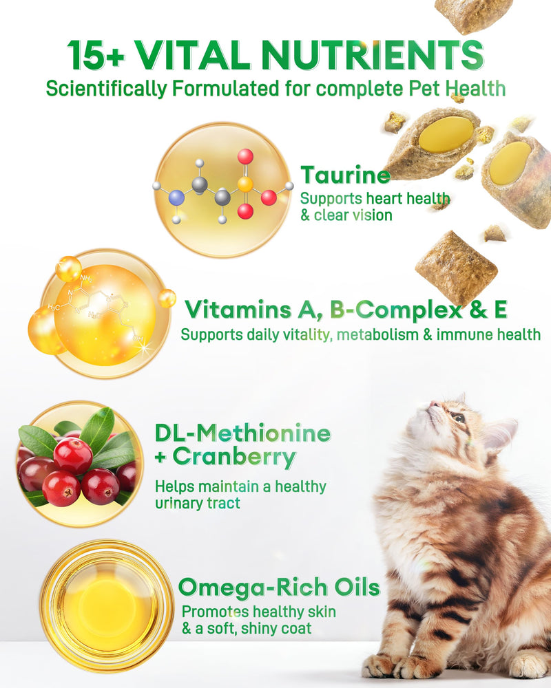 Cat Multivitamin Treats with Taurine – 500 Crunchy & Creamy Cat Vitamin Chews for Immune, Joint, Digestion, Skin & Coat Support – Daily Healthy Supplement for Cats of All Ages Cat Multivitamin (500 Chews)