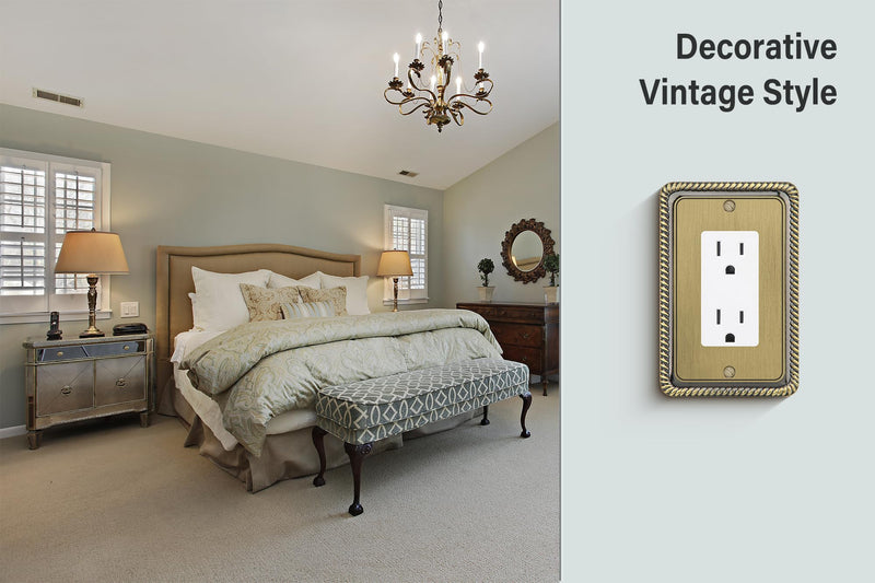 Henne Bery Rope Edge Decorative Wall Plate Switch Plate Outlet Cover (Single Decorator, 2 Pack, Antique Brass) Single Decorator 2PK