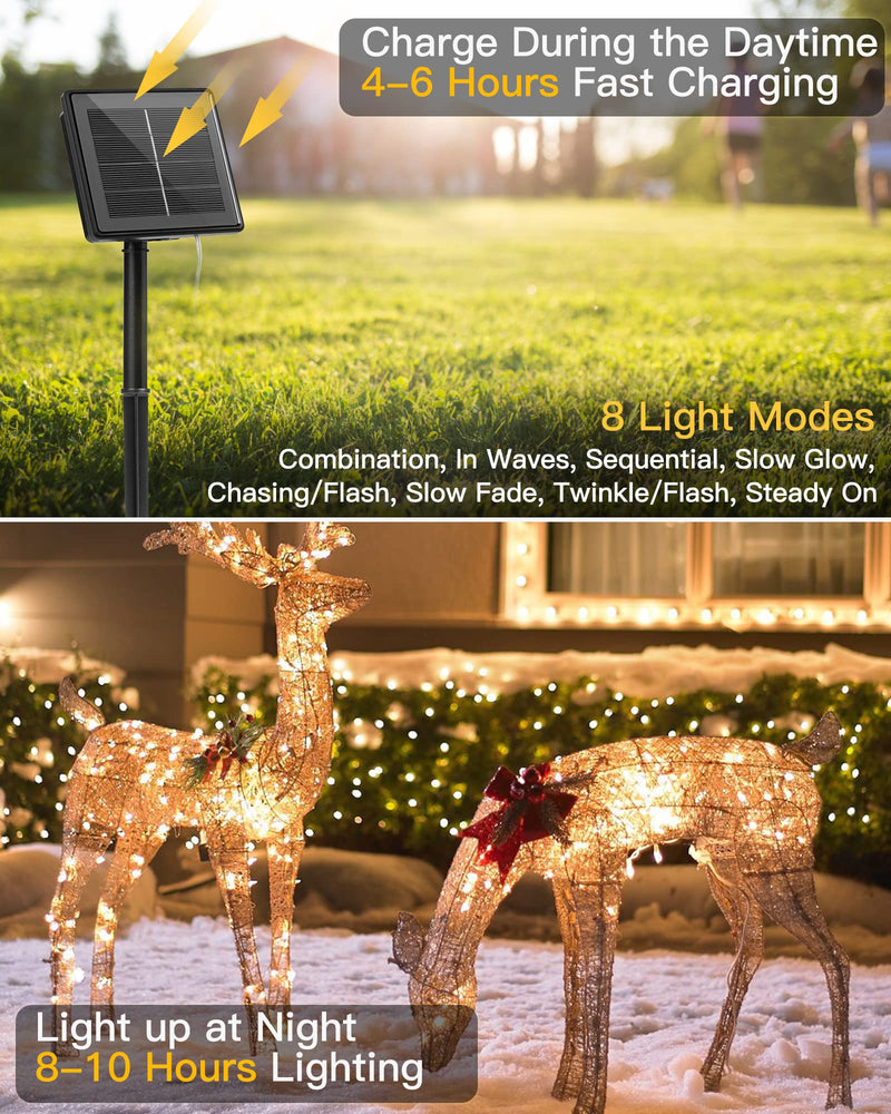 Brightown Solar String Lights, 2 Packs Total 66Ft 200 LED Solar Fairy Lights with 8 Modes, Waterproof Solar Lights for Outside Patio Yard Tree Wedding Christmas(Warm White) 33FT*2Packs Warm White