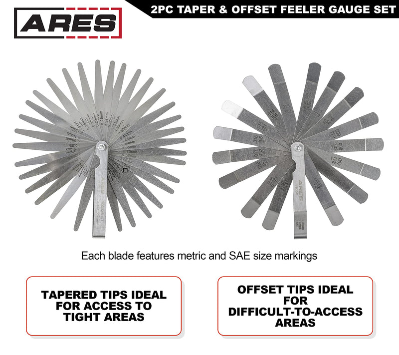 ARES 11042-2-Piece Tapered Feeler Gauge and Offset Feeler Gauge Set has 32 Dual-Marked SAE & Metric Sizes - Offset has 16 Dual-Marked Sizes - Precisely Measure Mechanical Clearances 2-Piece Tapered and Offset Feeler Gauge Set