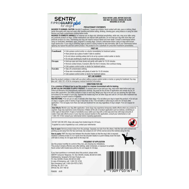 Sentry Fiproguard Plus for Dogs, Flea and Tick Prevention for Dogs (23-44 Pounds), Includes 3 Month Supply of Topical Flea Treatments